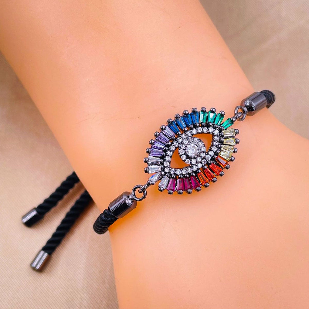 Rainbow Evil Eye Copper Black CZ Thread Slider Bracelet Bulk