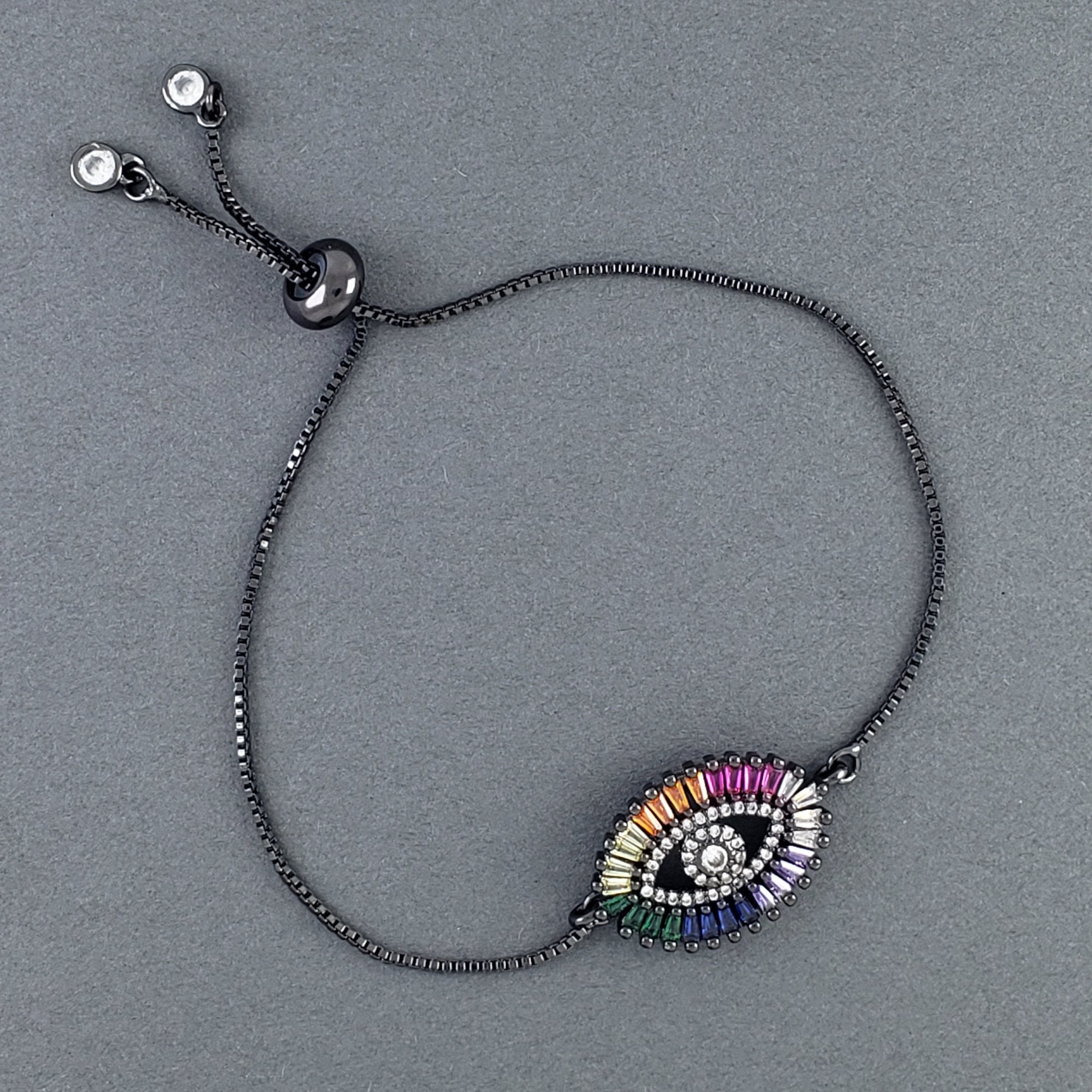 Rainbow Evil Eye CZ Crystal Black Silver Slider Bracelet Bulk
