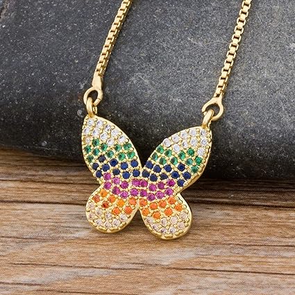 Rainbow Butterfly Gold Zircon Copper Necklace Pendant Chain Women Bulk Main image