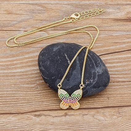 Rainbow Butterfly Gold Zircon Copper Necklace Pendant Chain Women Bulk