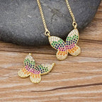 Rainbow Butterfly Gold Zircon Copper Necklace Pendant Chain Women Bulk
