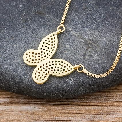 Rainbow Butterfly Gold Zircon Copper Necklace Pendant Chain Women Bulk