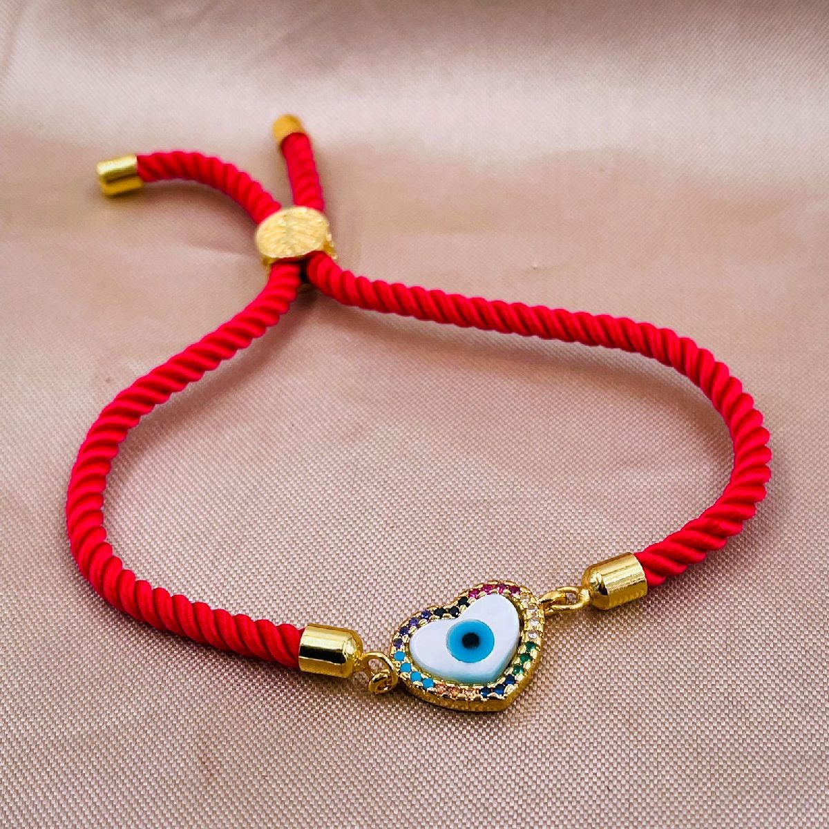 Rainbow Heart Evil eye Copper Gold Red Cubic Zirconia Mother of Pearl Thread Bracelet Main image