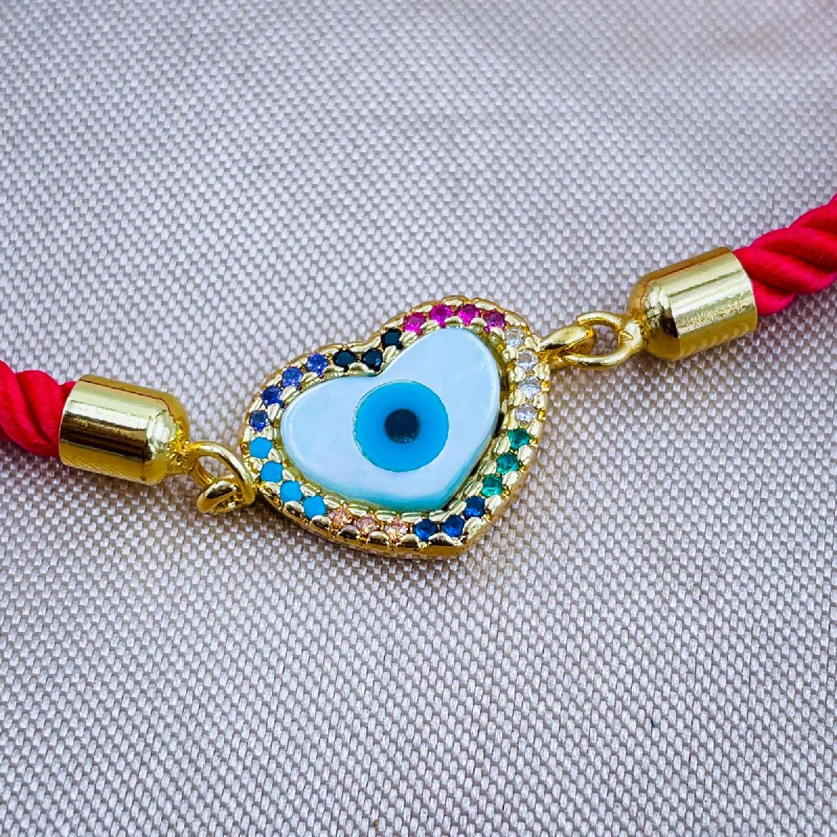 Rainbow Heart Evil eye Copper Gold Red Cubic Zirconia Mother of Pearl Thread Bracelet