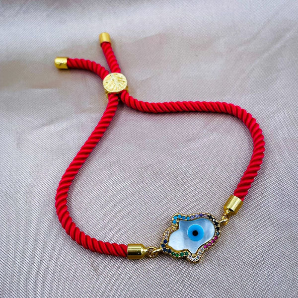 Rainbow Hamsa Evil eye Copper Gold Red Cubic Zirconia Mother of Pearl Thread Bracelet Main image