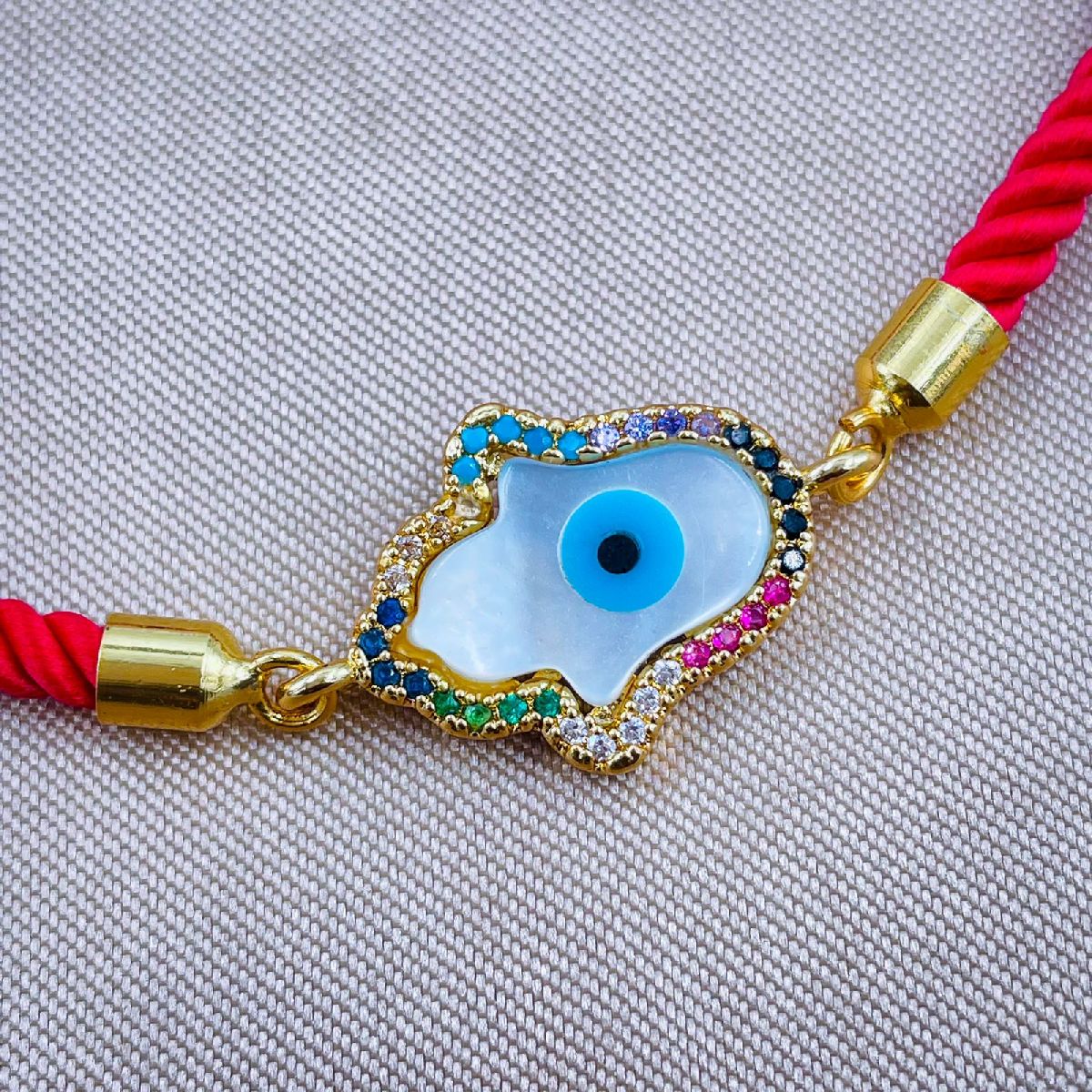 Rainbow Hamsa Evil eye Copper Gold Red Cubic Zirconia Mother of Pearl Thread Bracelet