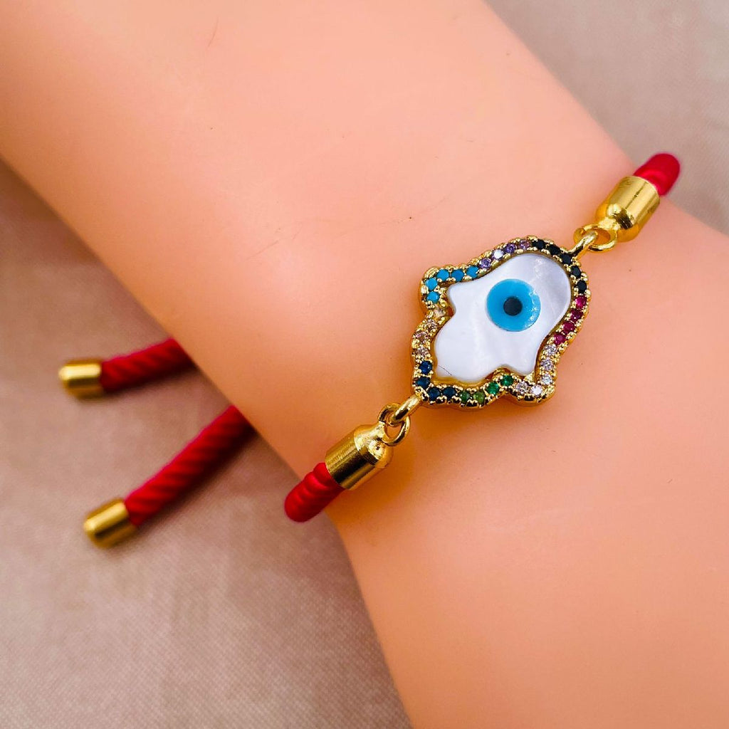 Rainbow Hamsa Evil eye Copper Gold Red Cubic Zirconia Mother of Pearl Thread Bracelet