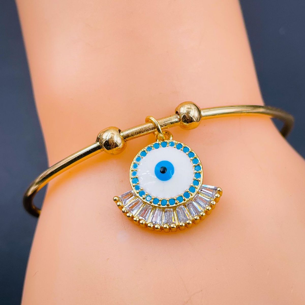 Copper CZ Baguette Gold White Evil Eye Bangle Kada Cuff Bulk Secondary image