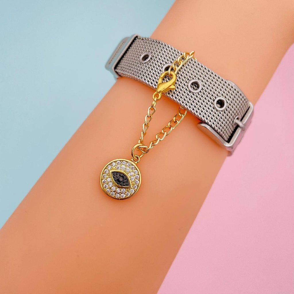 Copper Round Cubic Zirconia Evil Eye Watch Charm For Women Gold Bulk