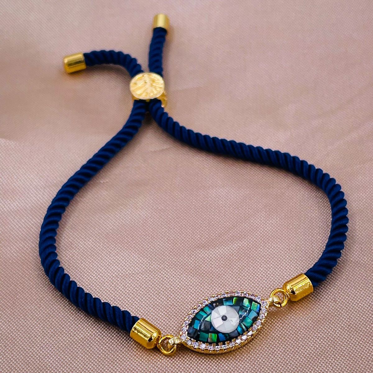 Abalone Evil Eye Copper Gold Blue Cubic Zirconia Thread Bracelet Bulk