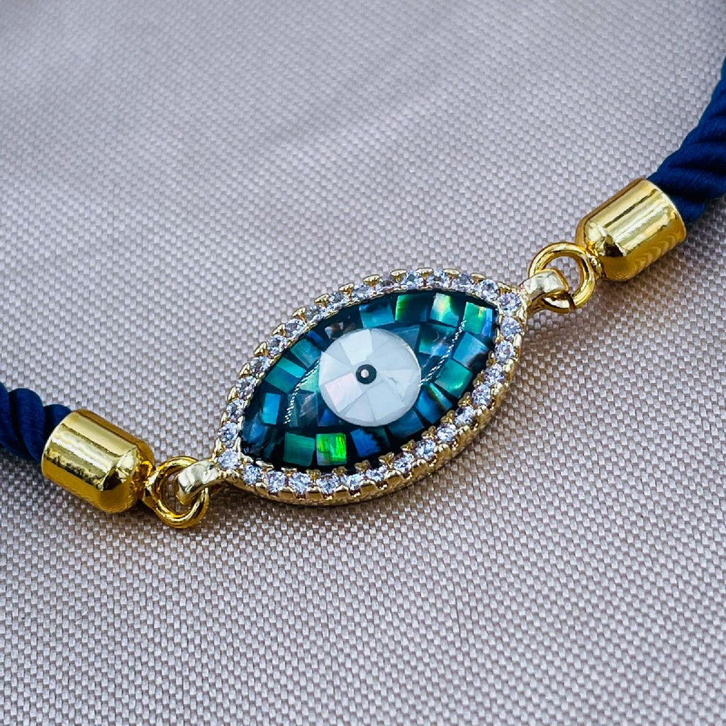 Abalone Evil Eye Copper Gold Blue Cubic Zirconia Thread Bracelet Bulk
