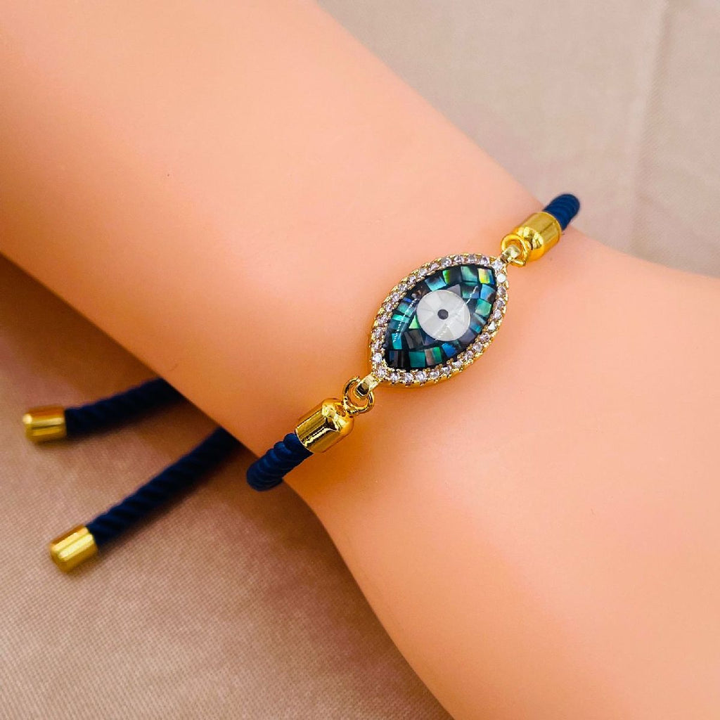 Abalone Evil Eye Copper Gold Blue Cubic Zirconia Thread Bracelet Bulk
