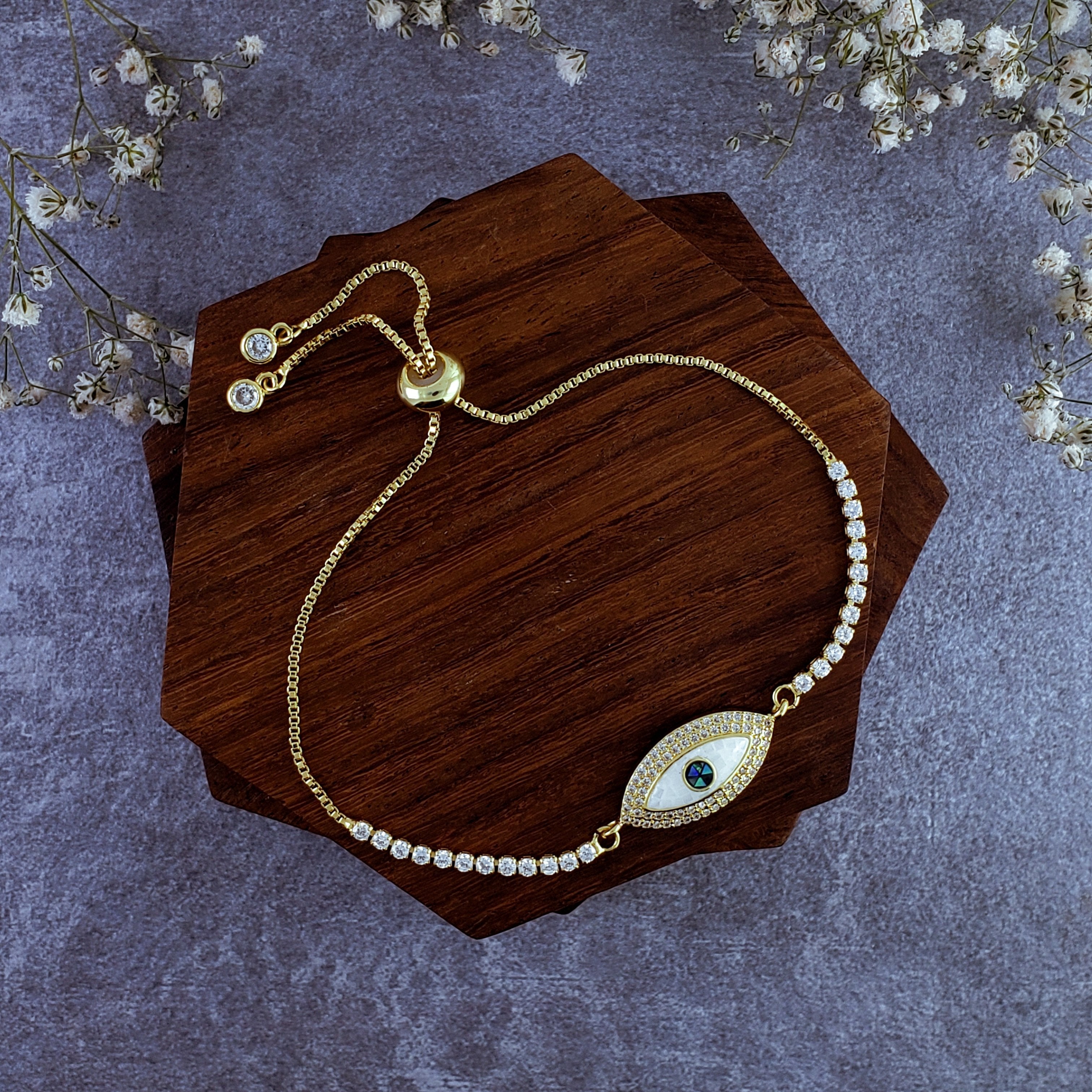 Evil Eye White Gold Oval CZ Slider Adjustable Bracelet Bulk