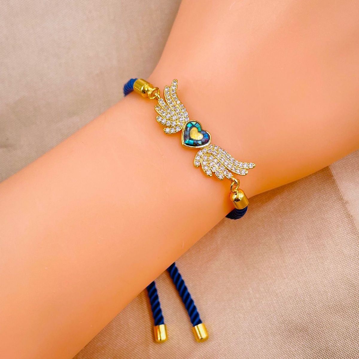 Angel Heart Copper Gold Blue CZ Thread Slider Bracelet Bulk