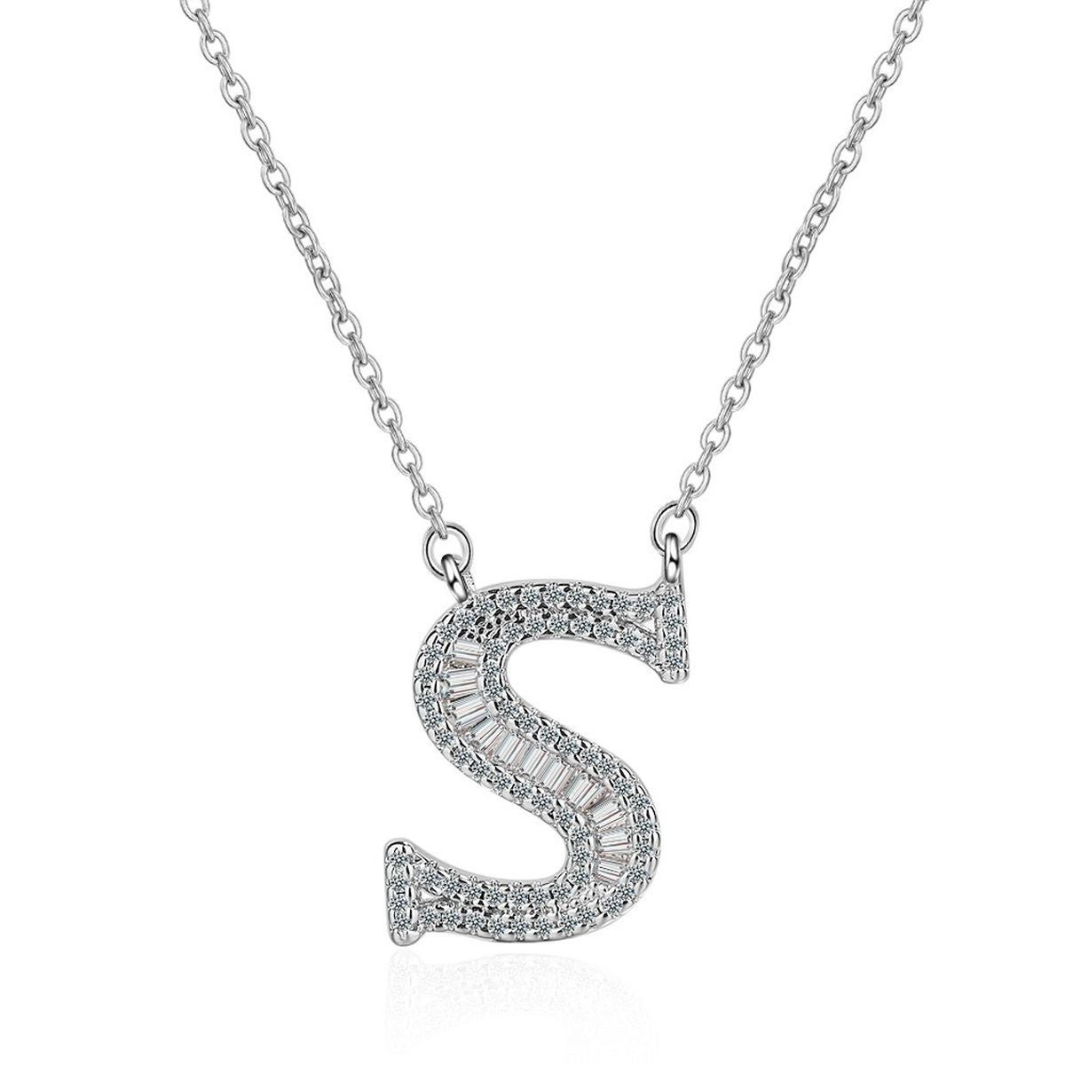 Silver White CZ Initial Alphabet Letter S Necklace Pendant Chain Bulk