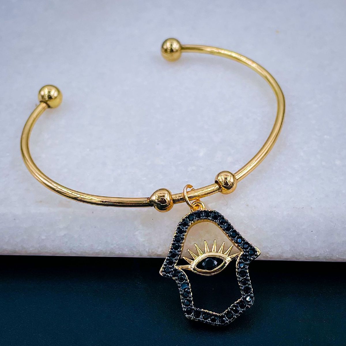 Copper Hamsa Evil Eye Black Gold Crystal Bangle Cuff Kada Women Bulk Main image