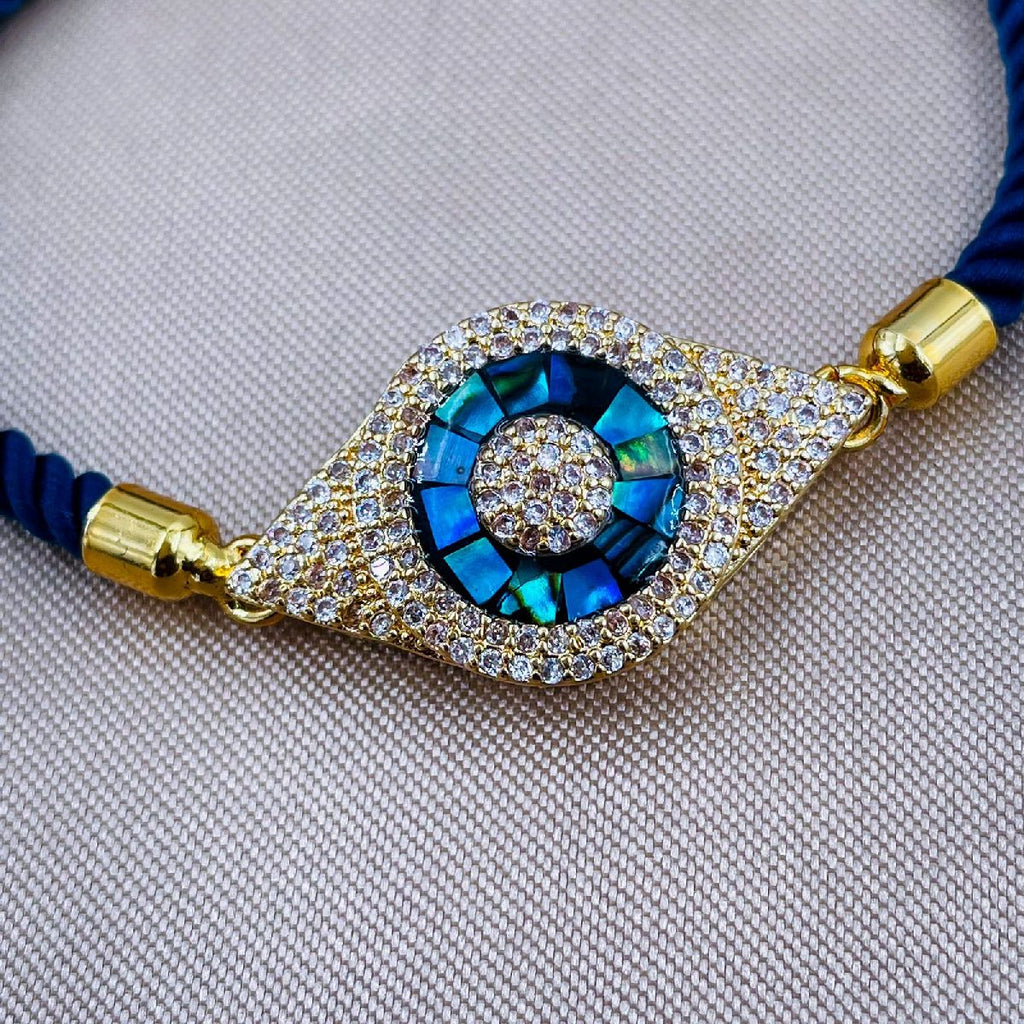 Evil Eye CZ Gold Blue Copper Thread Slider Bracelet Bulk