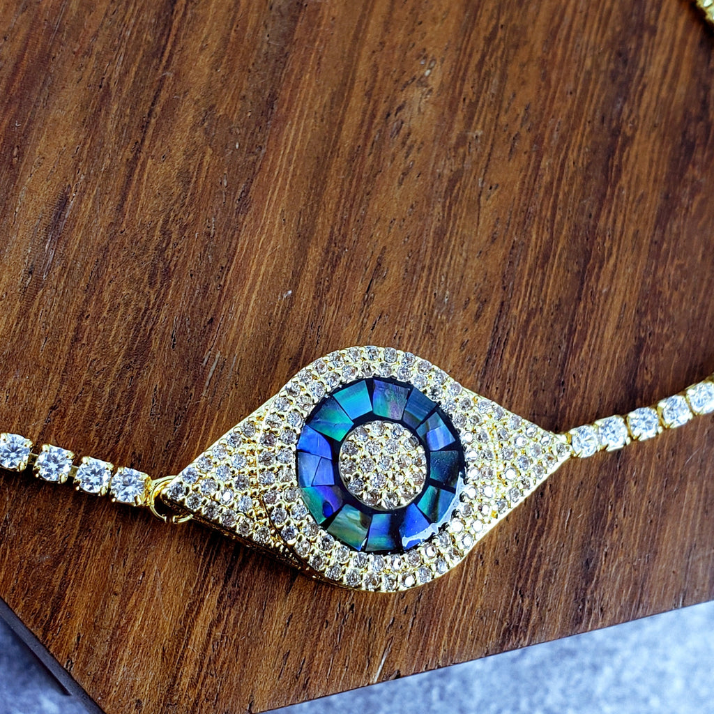 Evil Eye Blue Oval Cubic Zirconia Slider Adjustable Bracelet Bulk