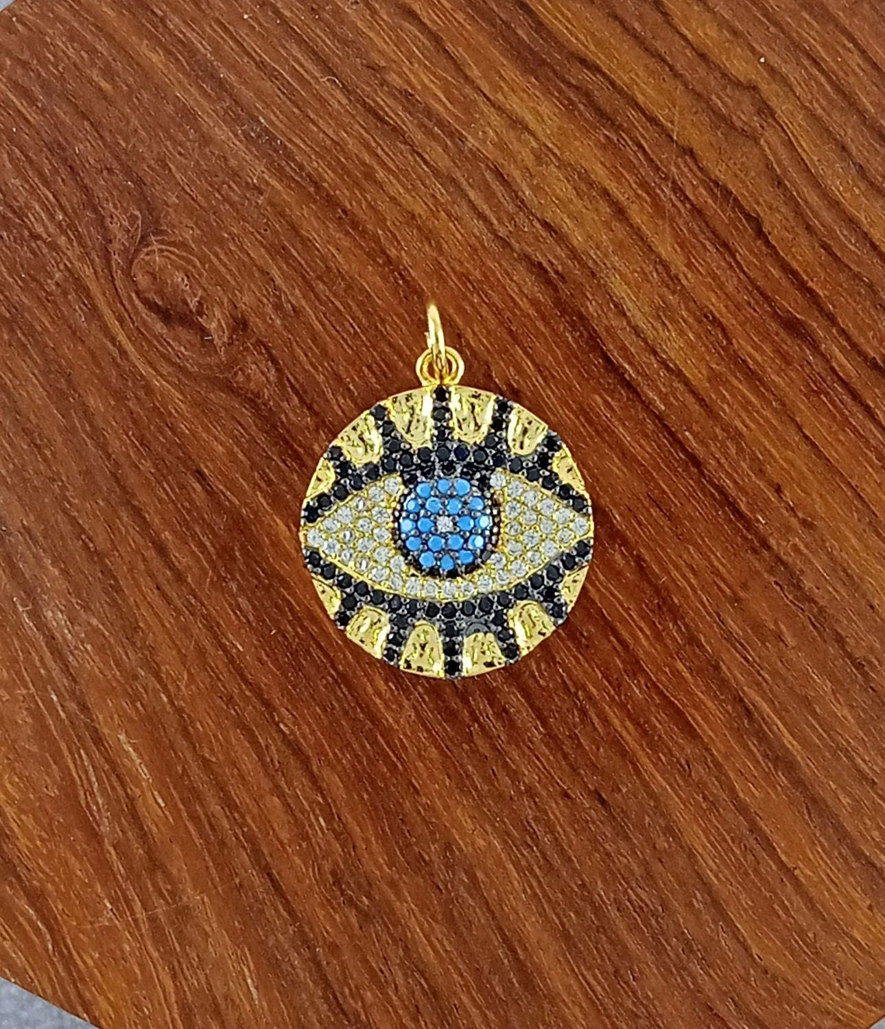 Medal Evil Eye Black Gold Blue American Diamond Crystal Pendant Bulk
