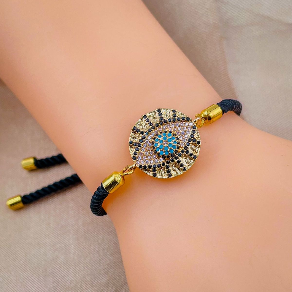 Medallion Evil Eye Copper Gold Black CZ Thread Bracelet Bulk