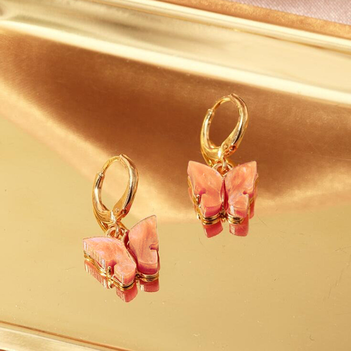Copper Butterfly Gold Pink Peach Hoop Drop Earring Pair For Women Secondary image