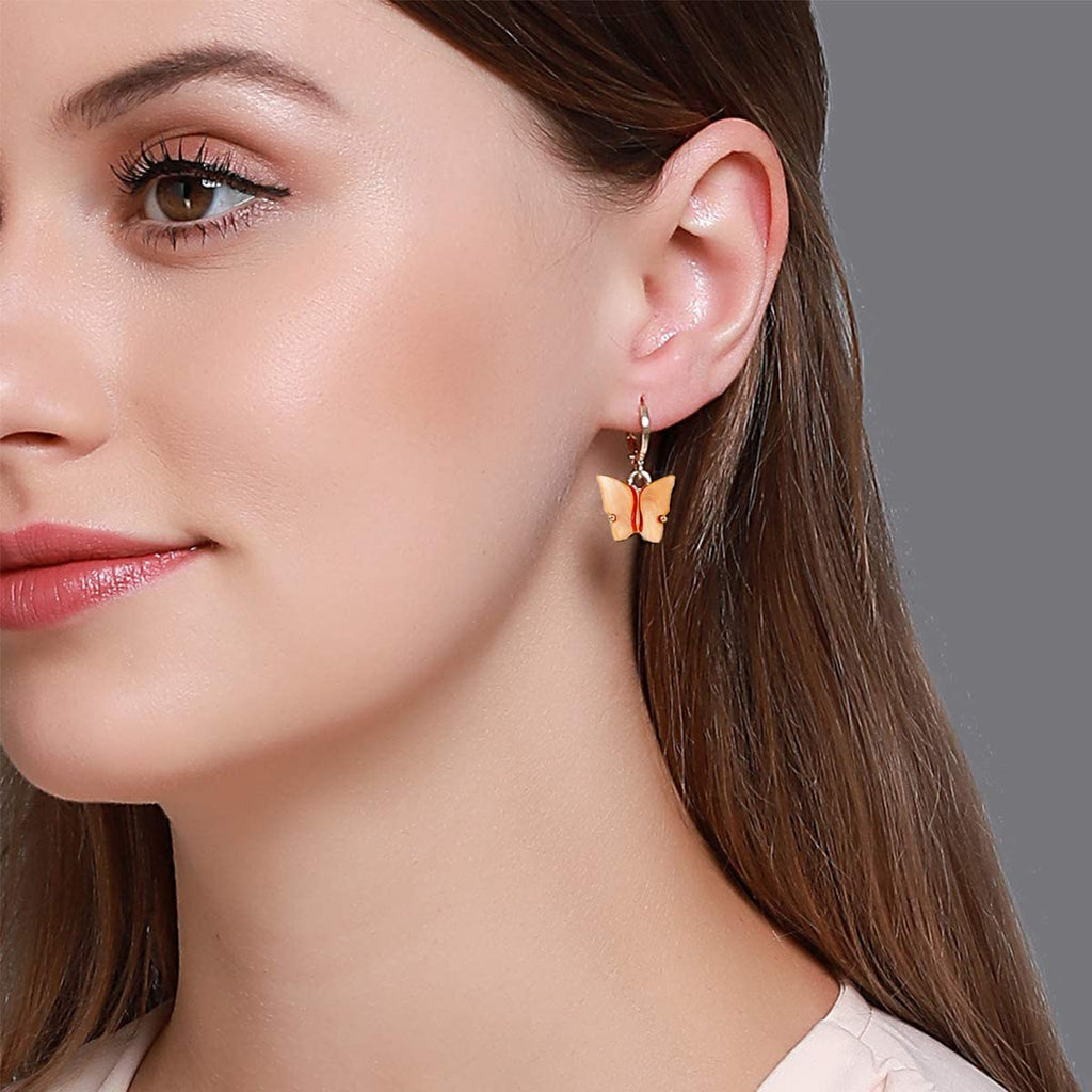 Copper Butterfly Gold Pink Peach Hoop Drop Earring Pair For Women