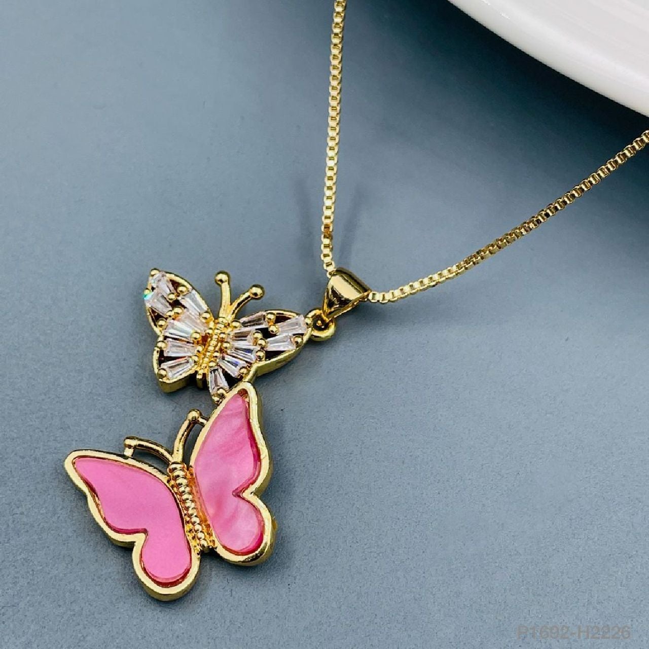 Brass Crystals Pink Gold Dual Butterfly Necklace Pendant Chain For Women Girls Main image