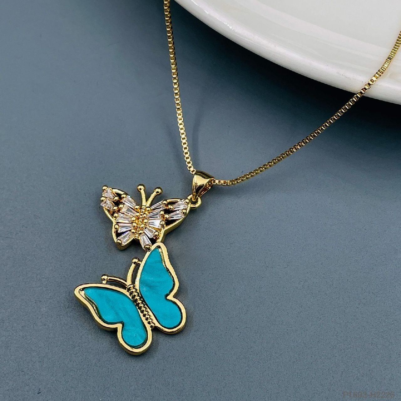 Brass Crystals Blue Gold Dual Butterfly Necklace Pendant Chain For Women Girls Main image