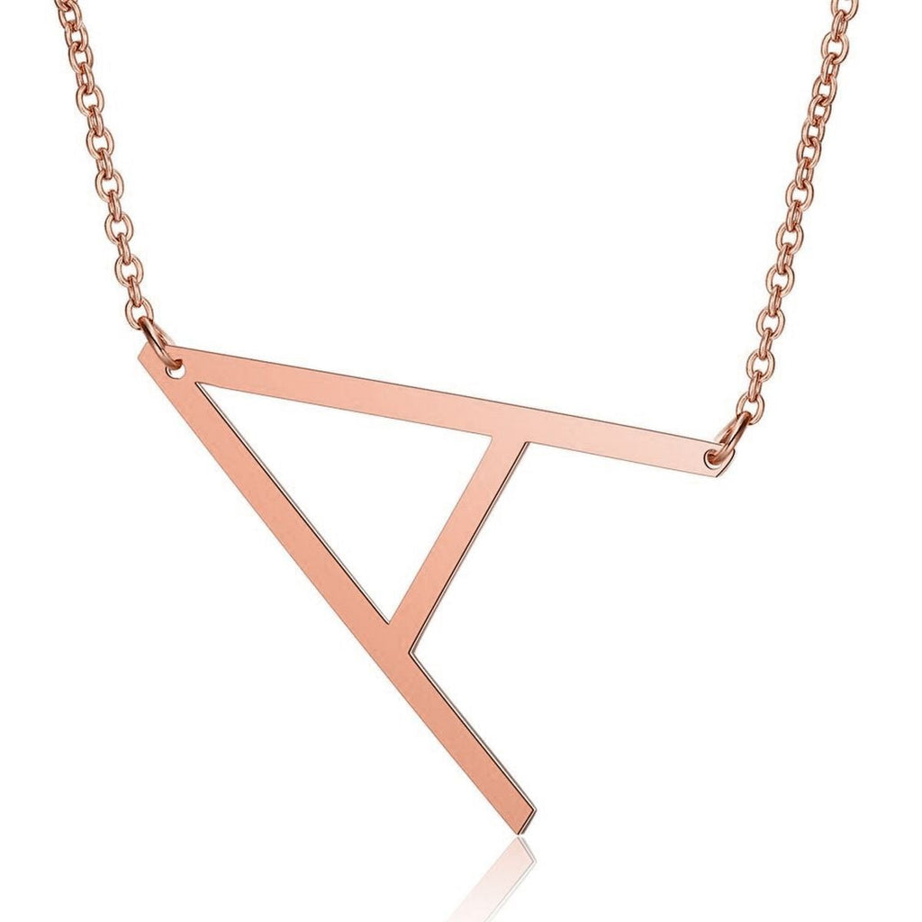 Sideways Alphabet Initial Large Letter Rose Gold Stainless Steel Pendant Necklace Women