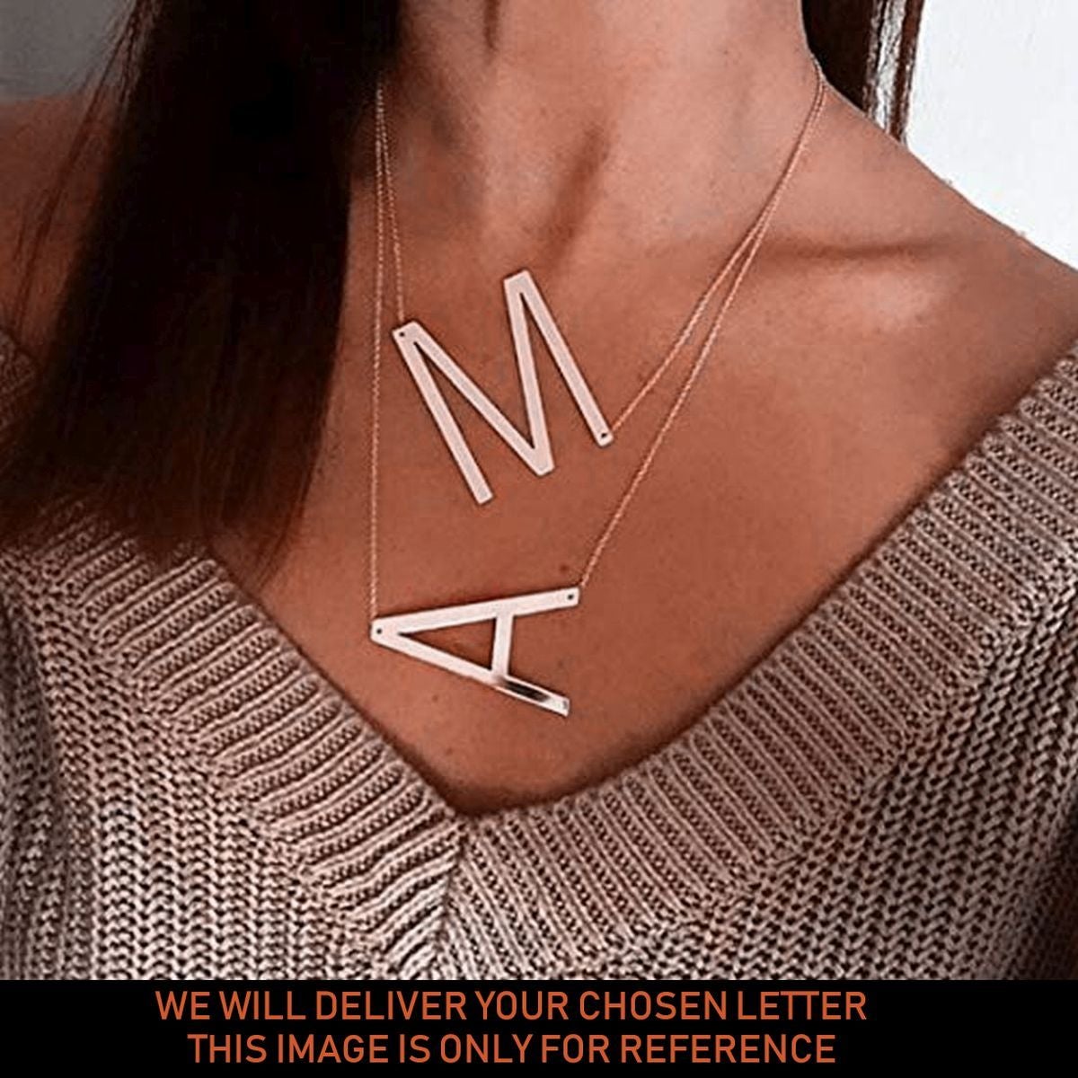 Sideways Alphabet Initial Large Letter Rose Gold Stainless Steel Pendant Necklace Women