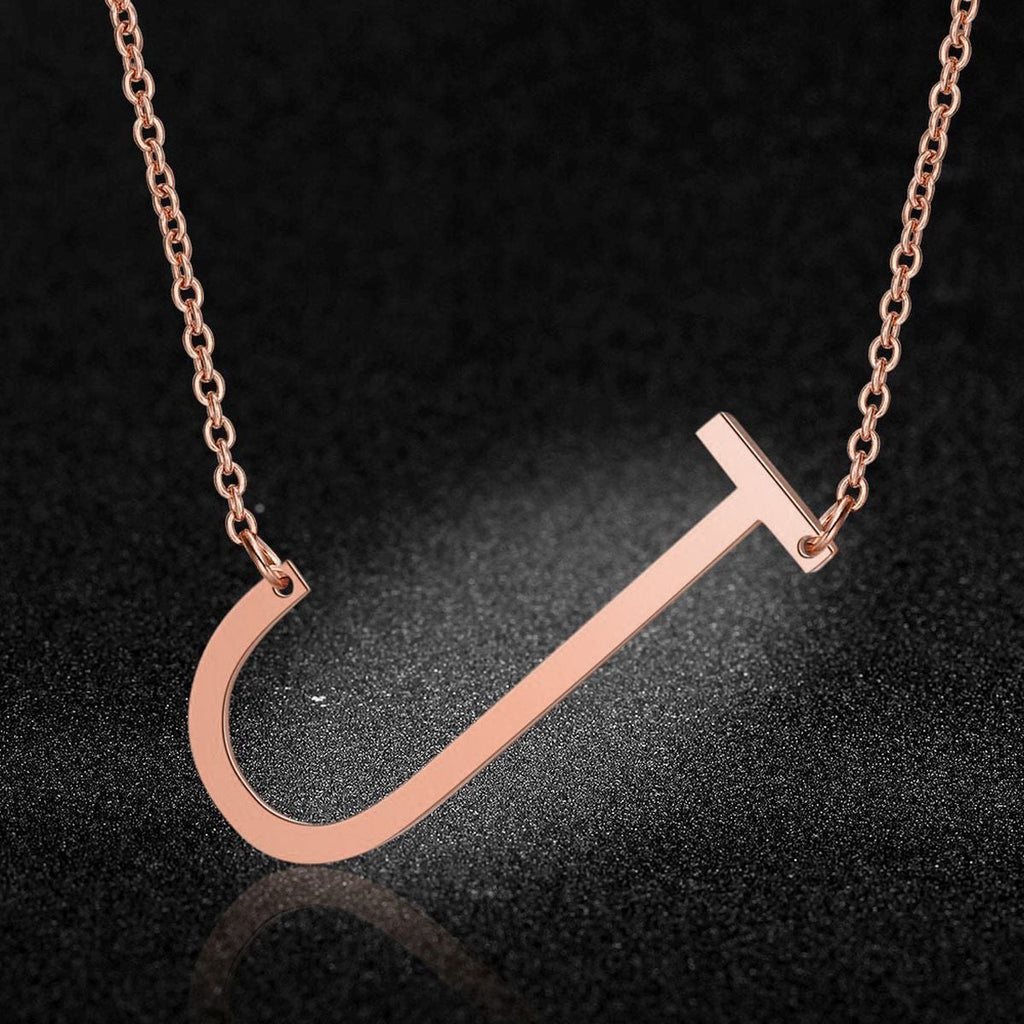 Sideways Alphabet Initial Large Letter Rose Gold Stainless Steel Pendant Necklace Women