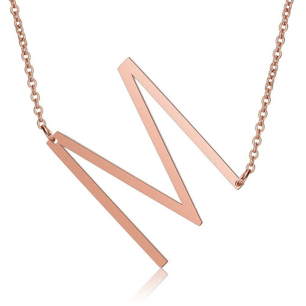 Sideways Alphabet Initial Large Letter Rose Gold Stainless Steel Pendant Necklace Women