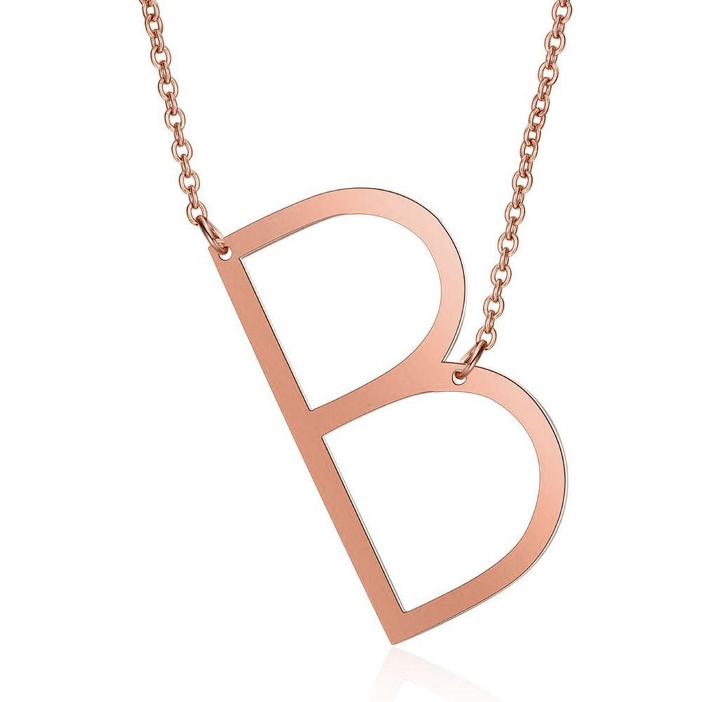 Sideways Alphabet Initial Large Letter Rose Gold Stainless Steel Pendant Necklace Women