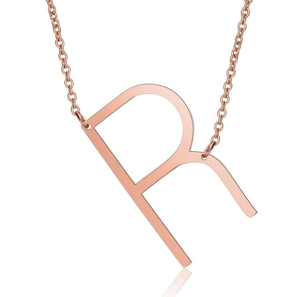 Sideways Alphabet Initial Large Letter Rose Gold Stainless Steel Pendant Necklace Women