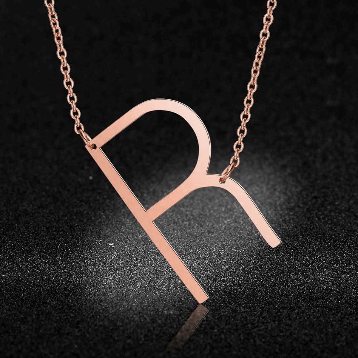 Sideways Alphabet Initial Large Letter Rose Gold Stainless Steel Pendant Necklace Women