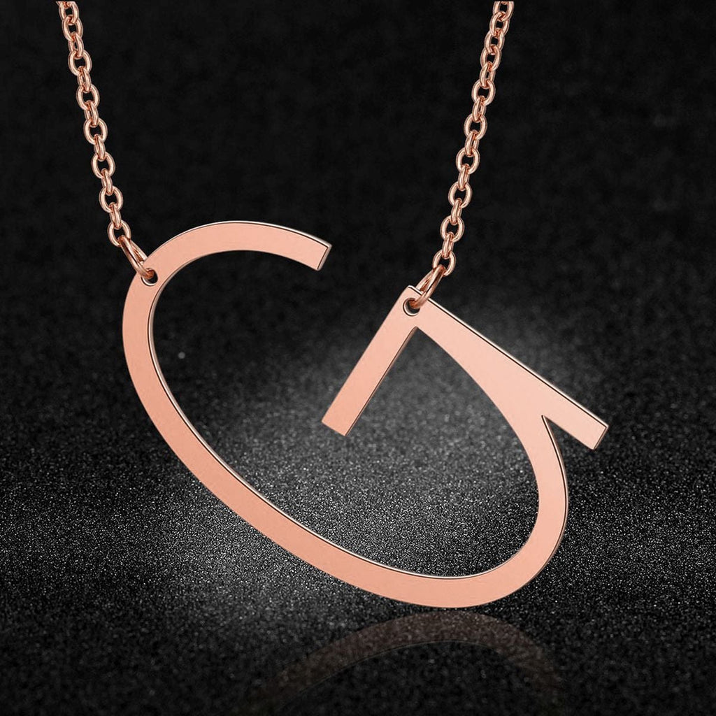 Sideways Alphabet Initial Large Letter Rose Gold Stainless Steel Pendant Necklace Women