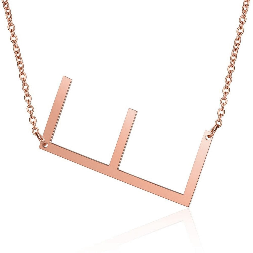 Sideways Alphabet Initial Large Letter Rose Gold Stainless Steel Pendant Necklace Women
