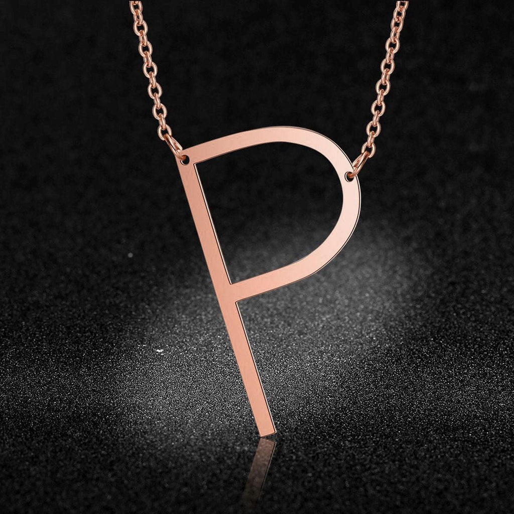 Sideways Alphabet Initial Large Letter Rose Gold Stainless Steel Pendant Necklace Women