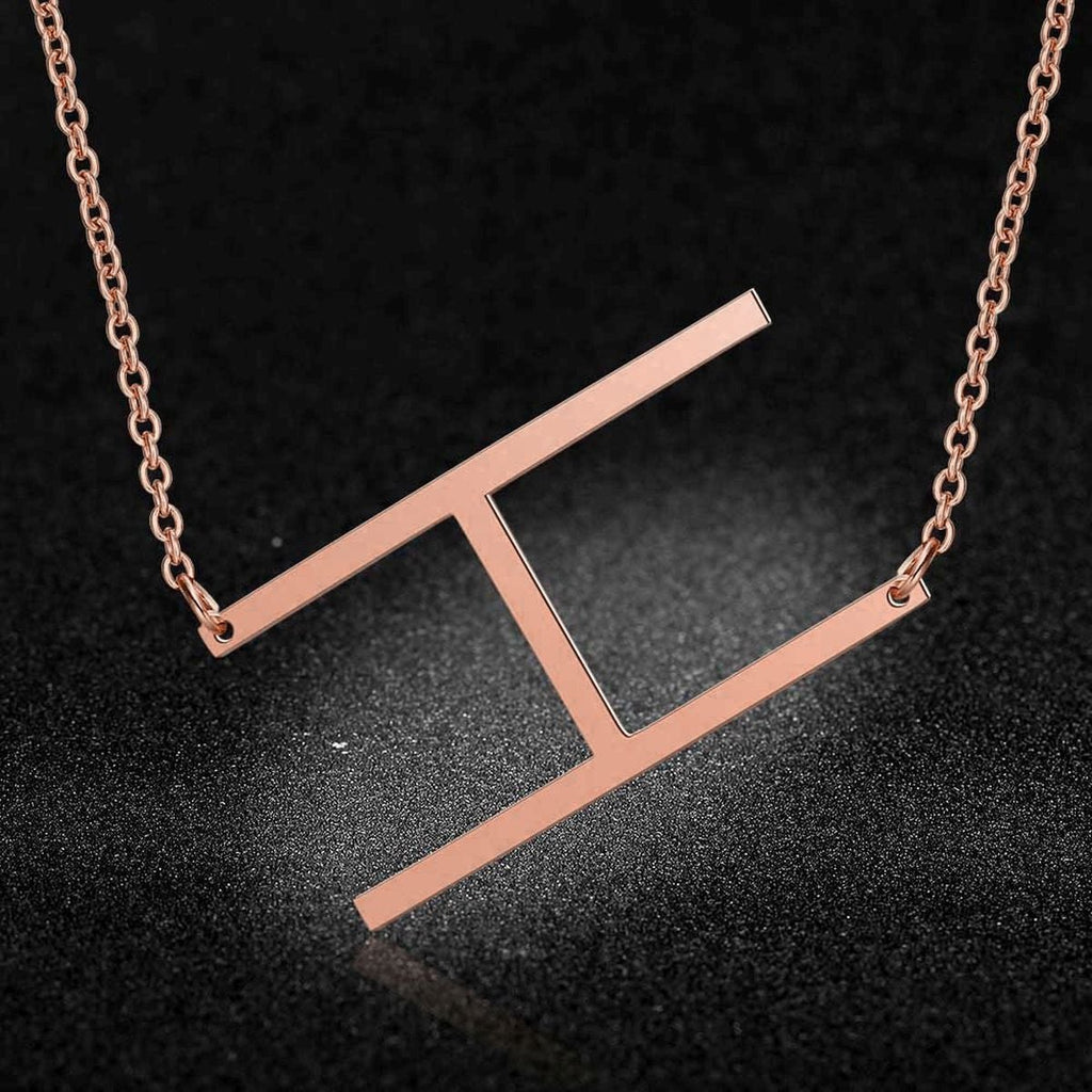 Sideways Alphabet Initial Large Letter Rose Gold Stainless Steel Pendant Necklace Women
