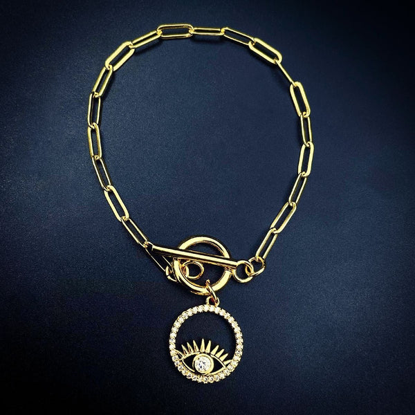 Copper CZ Gold Evil Eye Charms Chain Link Bracelet Girls Bulk Main image