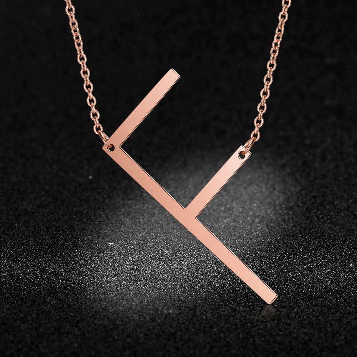 Sideways Alphabet Initial Large Letter Rose Gold Stainless Steel Pendant Necklace Women