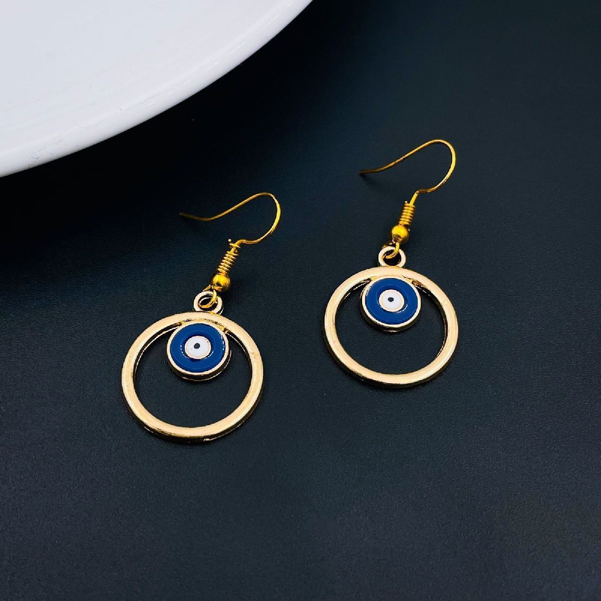 Round Evil Eye Blue Enamel Gold Drop Dangler Earring Pair Women Bulk