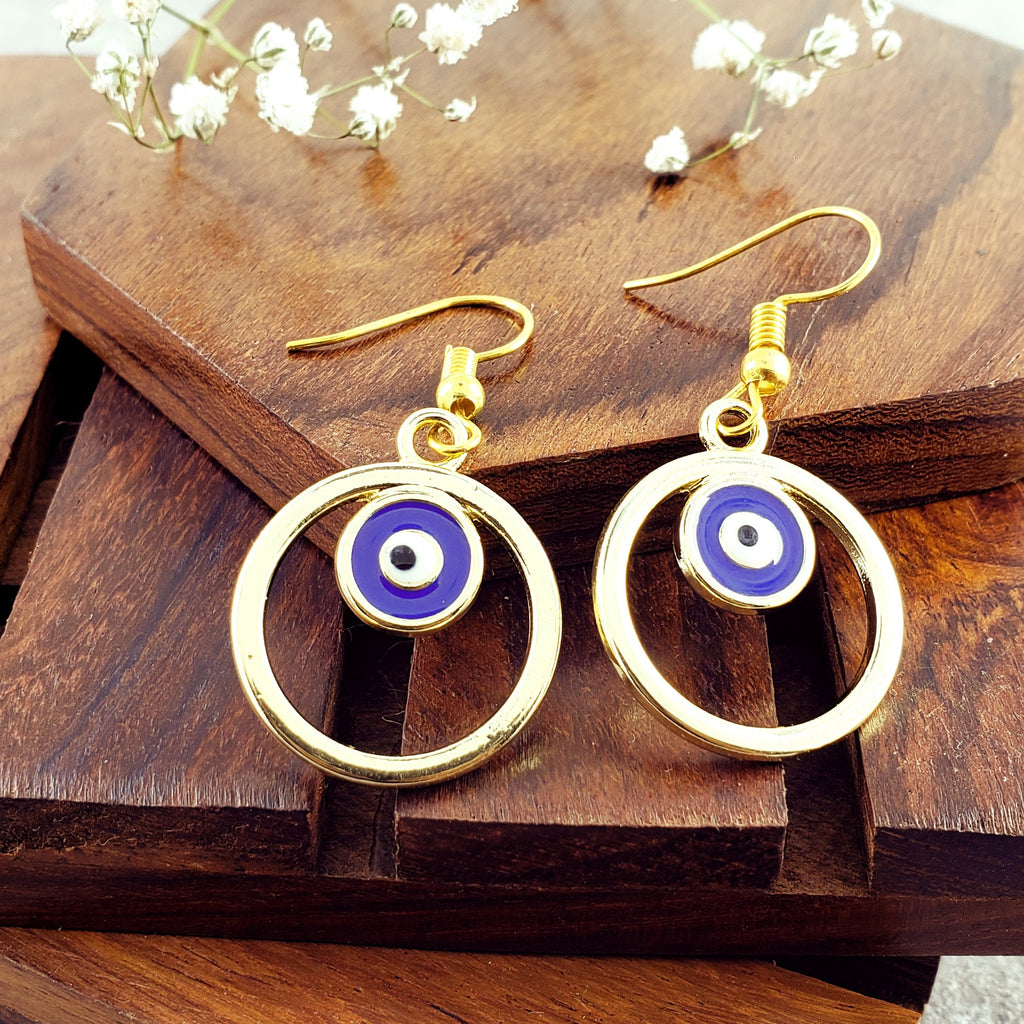 Round Evil Eye Blue Enamel Gold Drop Dangler Earring Pair Women Bulk