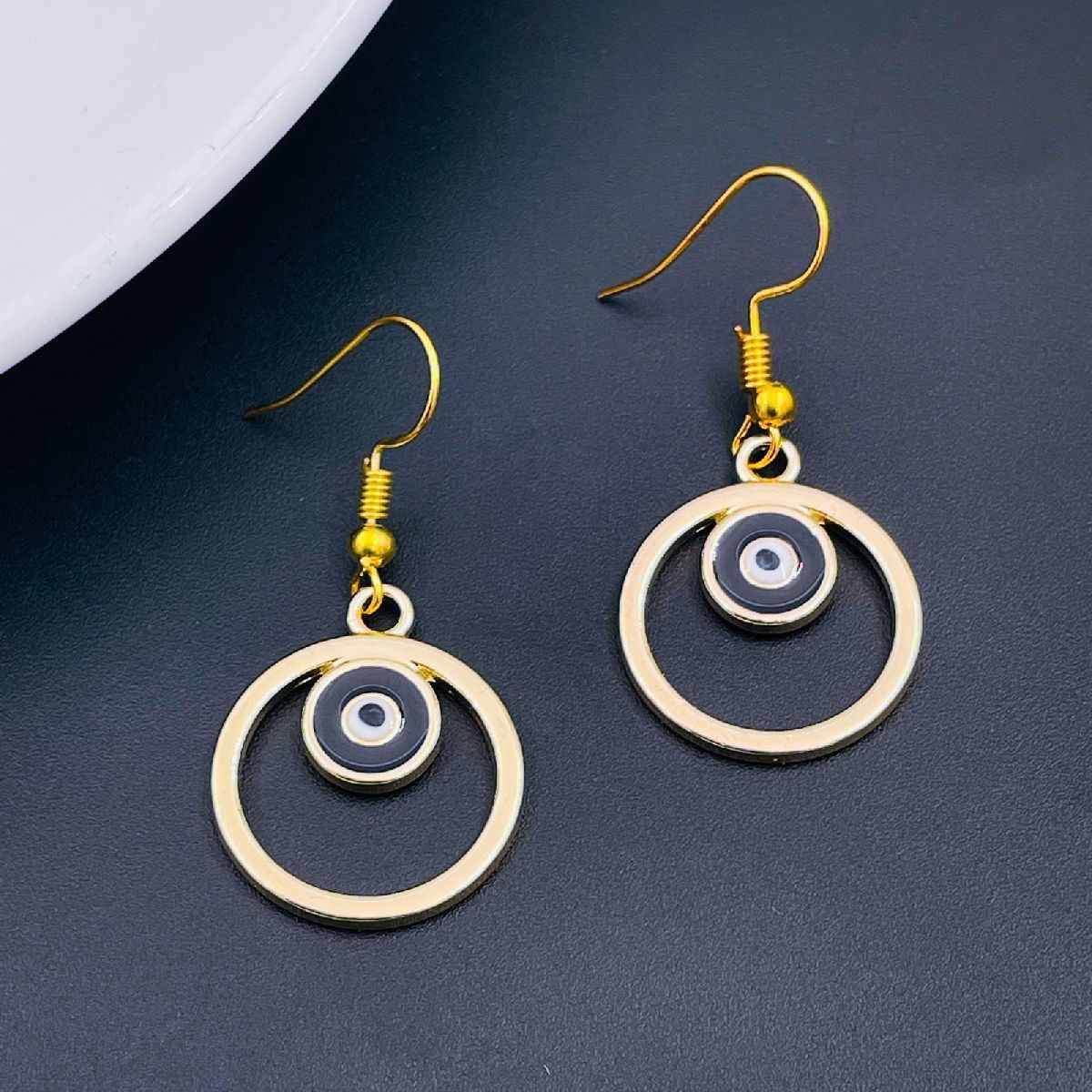 Round Evil Eye Black Enamel Gold Drop Dangler Earring Pair Women Bulk Main image