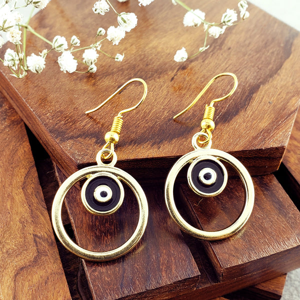 Round Evil Eye Black Enamel Gold Drop Dangler Earring Pair Women Bulk Secondary image