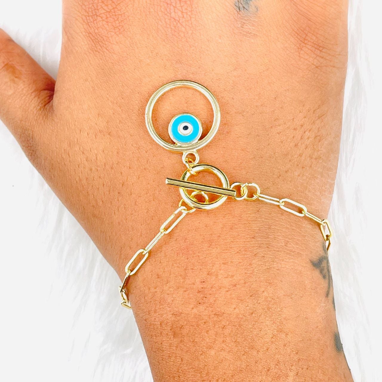 Enamel White Gold Evil Eye Charms Chain Link Bracelet Girls Bulk Main image