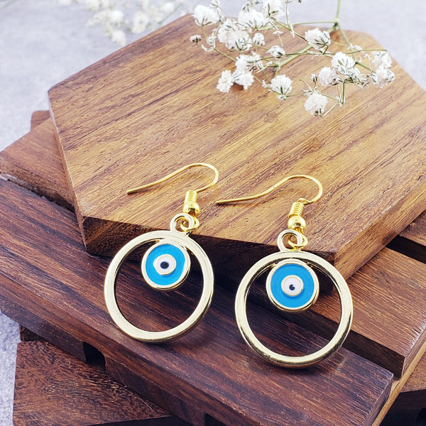 Round Evil Eye Light Blue Enamel Gold Drop Dangler Earring Pair Bulk Secondary image