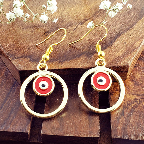 Round Evil Eye Red Enamel Gold Drop Dangler Earring Pair Women Bulk Secondary image
