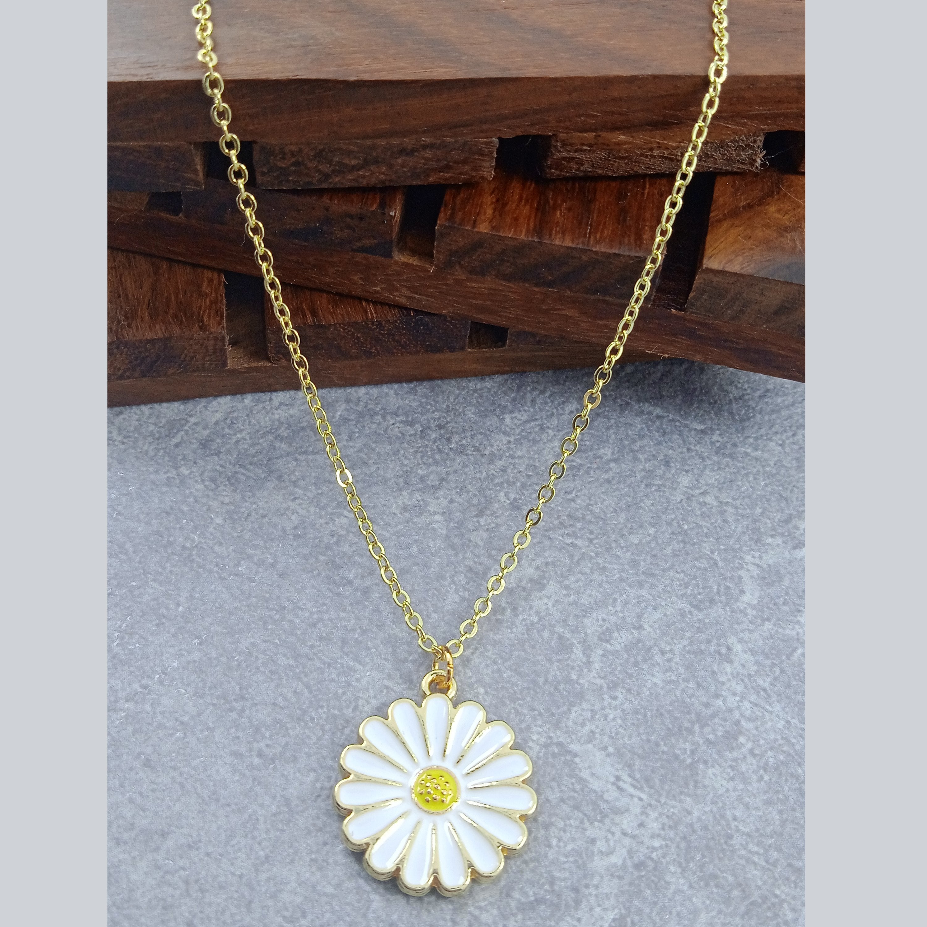Daisy Flower Brass White Gold Enamel Pendant Chain Necklace Women Main image