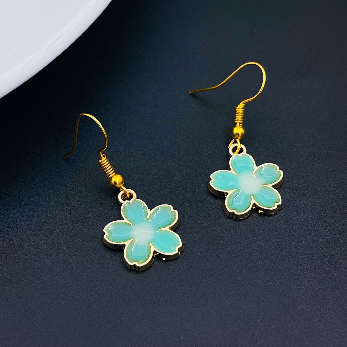 Flower Evil Eye Gold Blue Enamel Dangler Drop Earring Pair Women Bulk Main image
